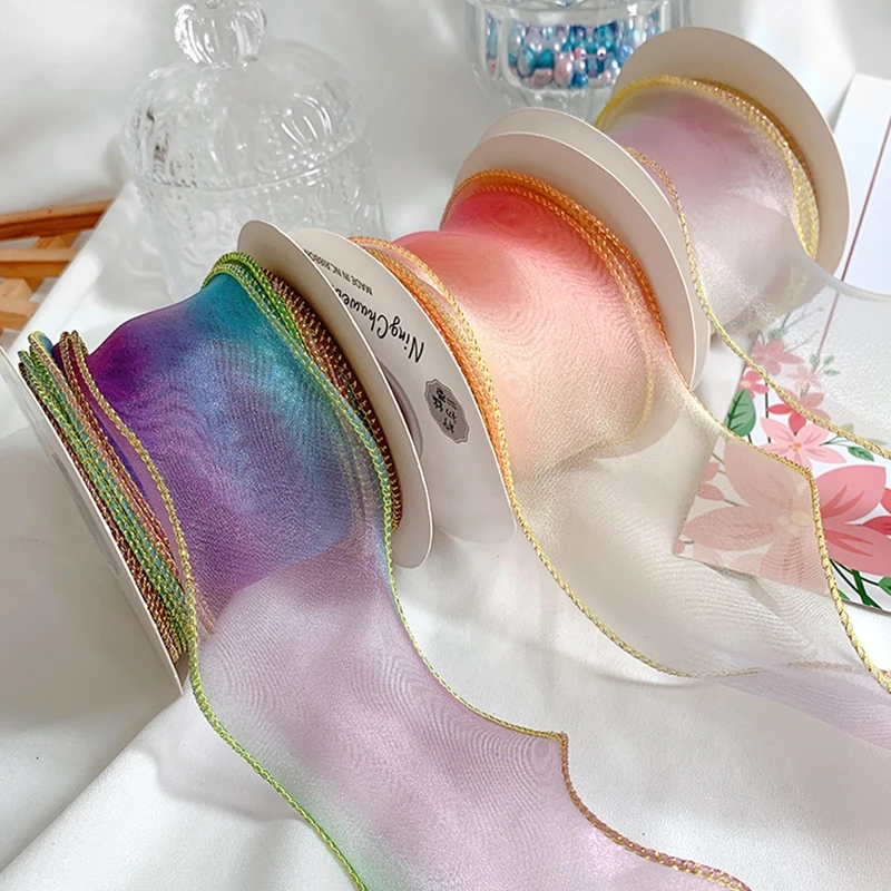 

Organza Gradient Rainbow Ribbon Handmade Bow Ribbon For Crafts Hair Accessories Material Bouquet Packaging Deco