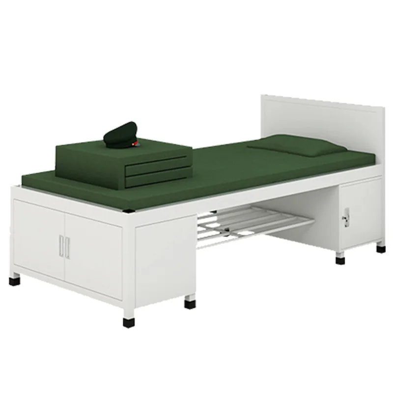 

Single bed dormitory camp bed with storage iron bed under cabinet single layer