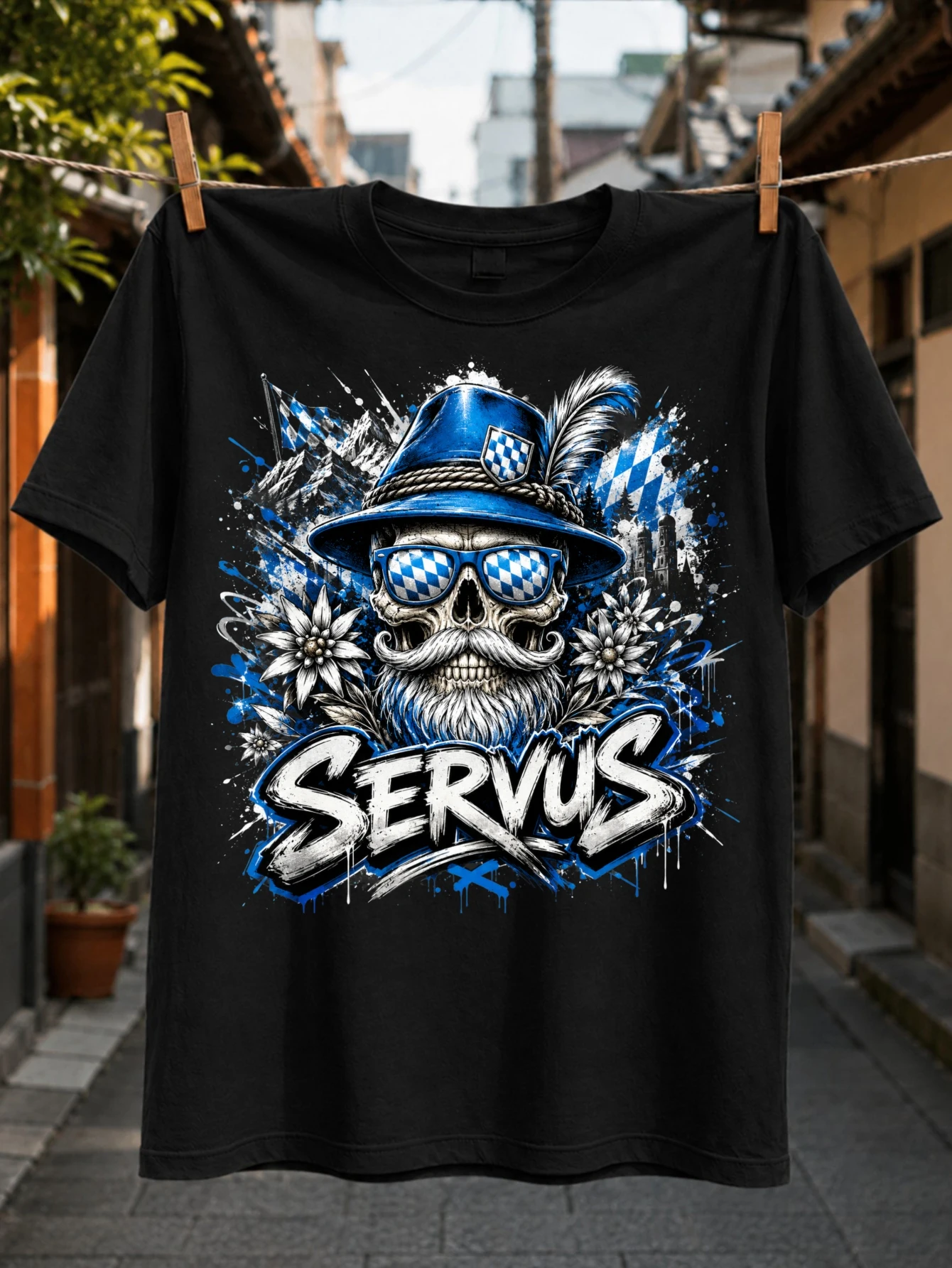 Servus lettering with  in blue Bavarian and checkered Fl-ags flowers and alpine style Unisex All  Unisex All T-Shirt