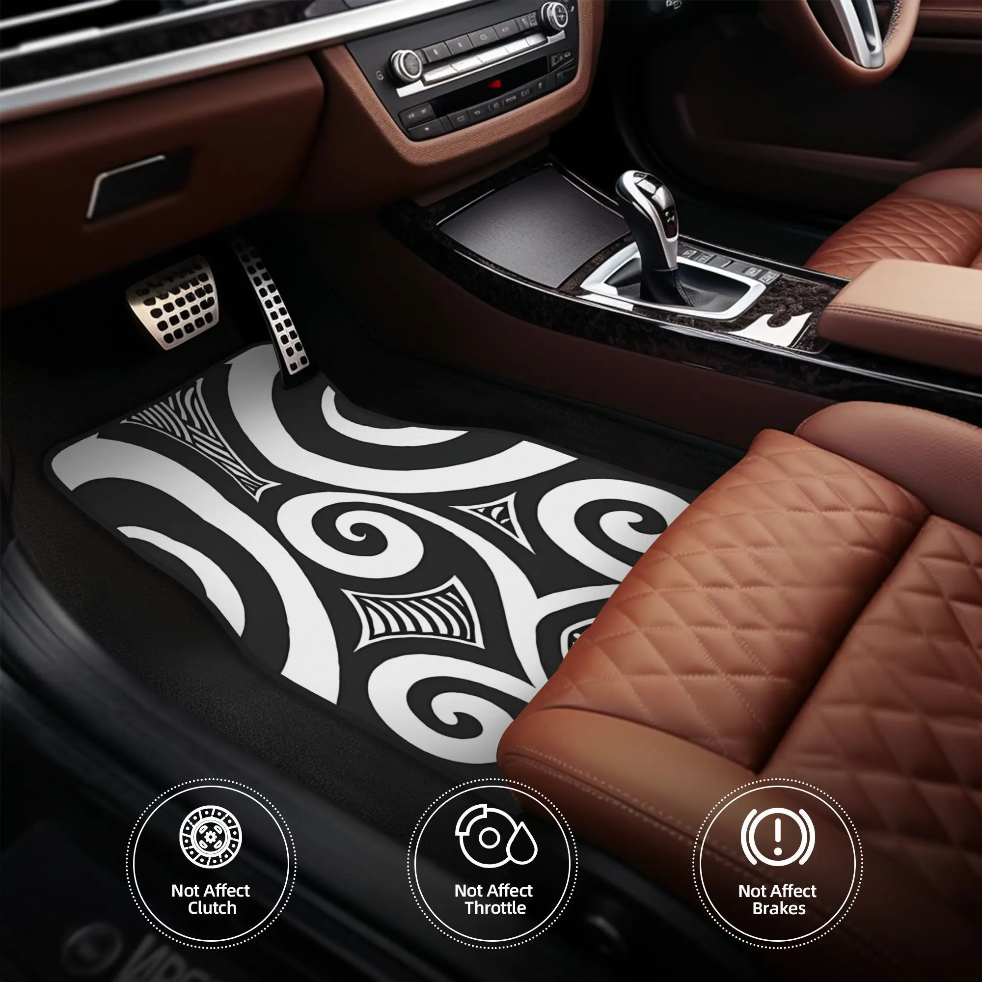 Maori Cultural Black And White Koru Pattern Design Innovative Car Floor Mat Set Includes Four Pieces For Full Coverage Across Fr