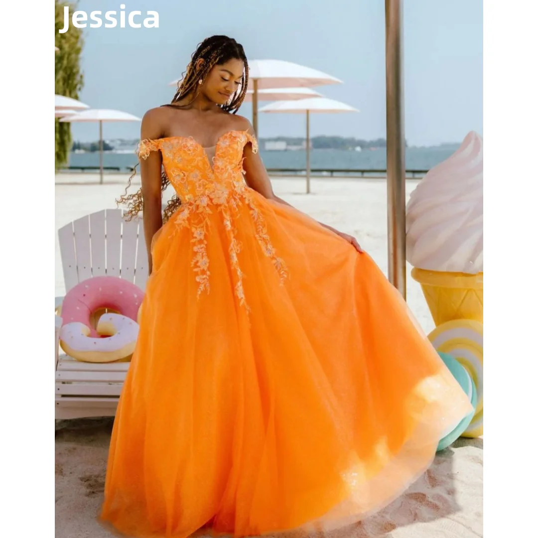 Jessica Off The Shoulders Prom Dresses Orange Tulle Evening Dresses Wedding Dress A-shaped Formal Party Dresses Robes De Soirée