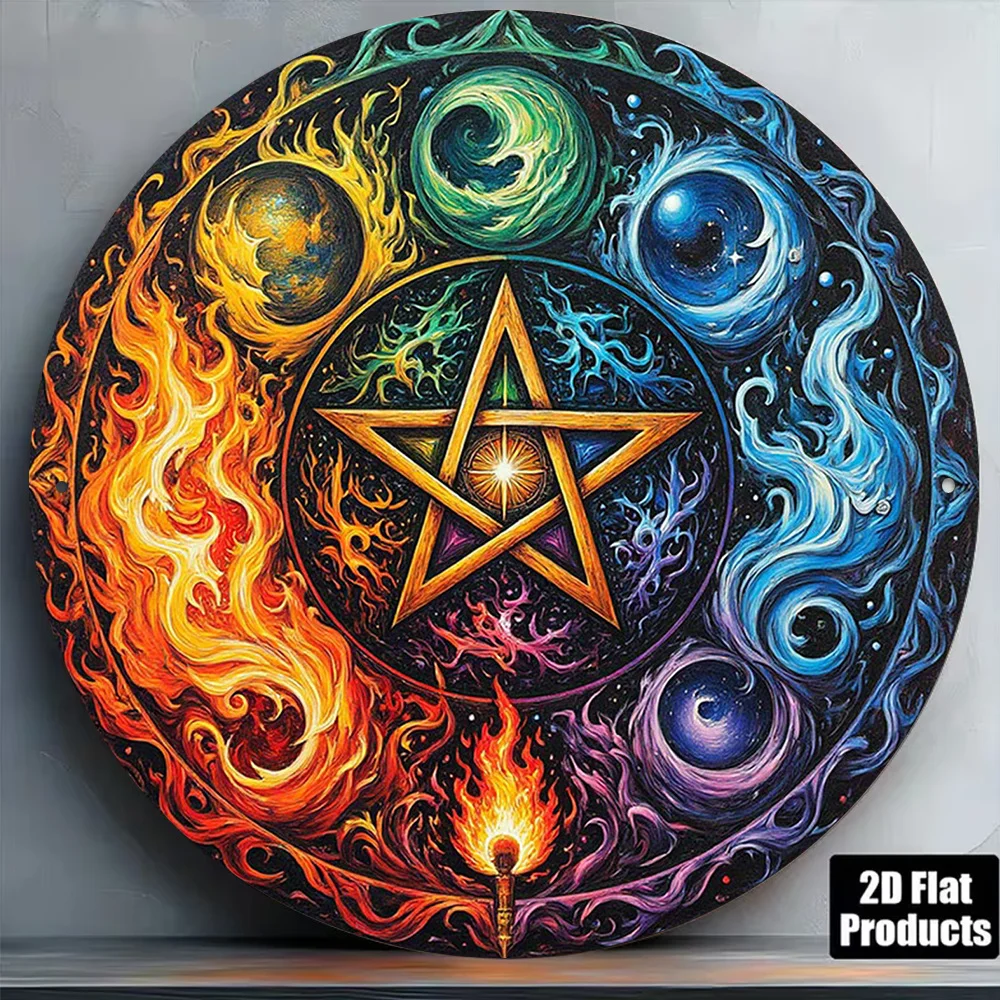 2D Metal Sign Round 20cm Aluminium Plate Vintage Mystical Magic Circle Pentagram Element Decor for Living Room Bedroom Gift