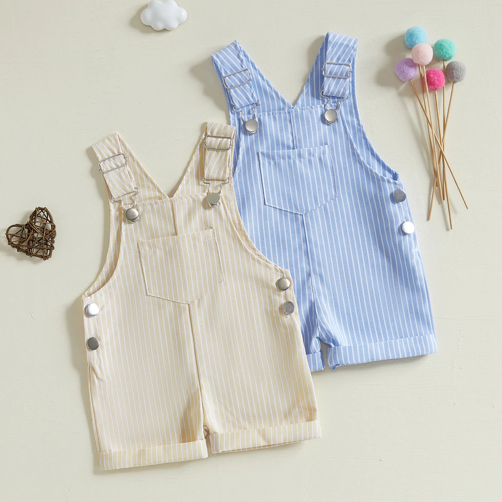 Toddler Baby Suspender Jumpsuit Stripe Print Sleeveless Overall Shorts for Boys and Girls