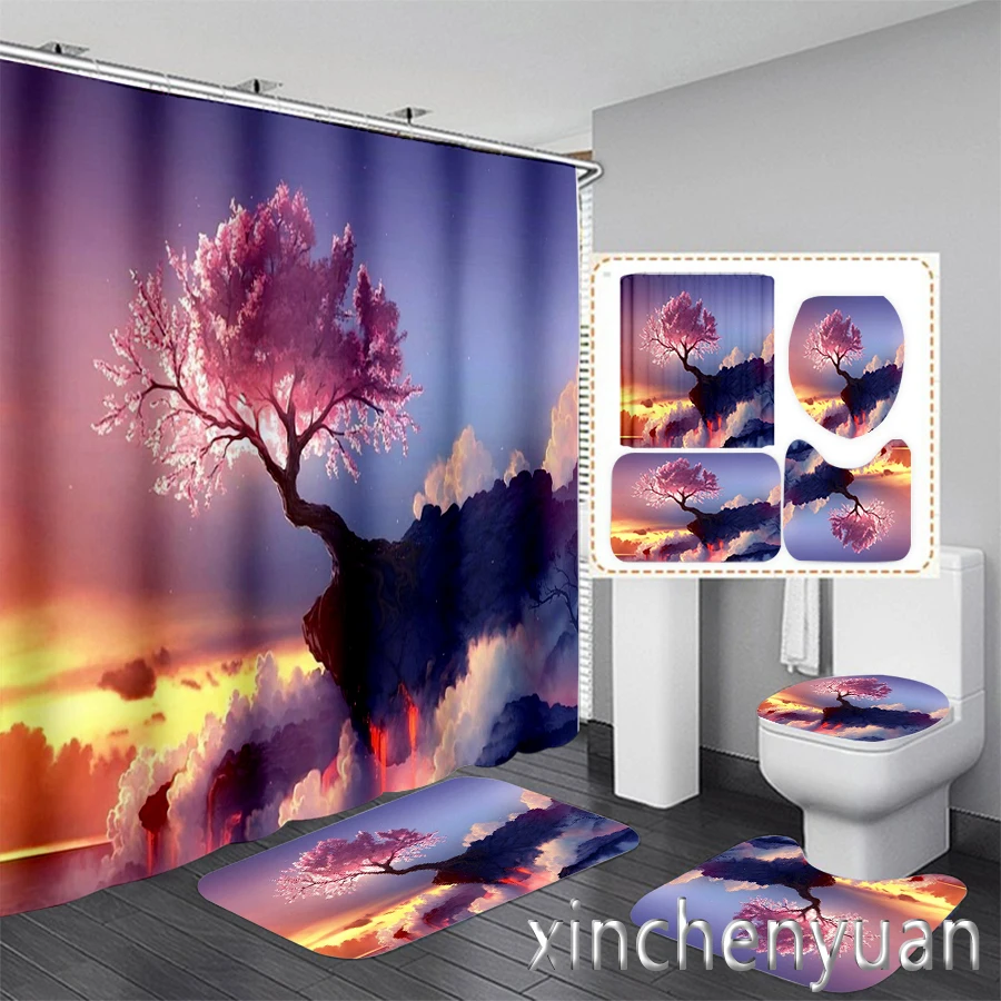 New 3D Print Color Fantasy Tree Shower Curtain Waterproof Bathroom Curtain Anti-slip Bath Mat Set Toilet Rugs Carpet VR42