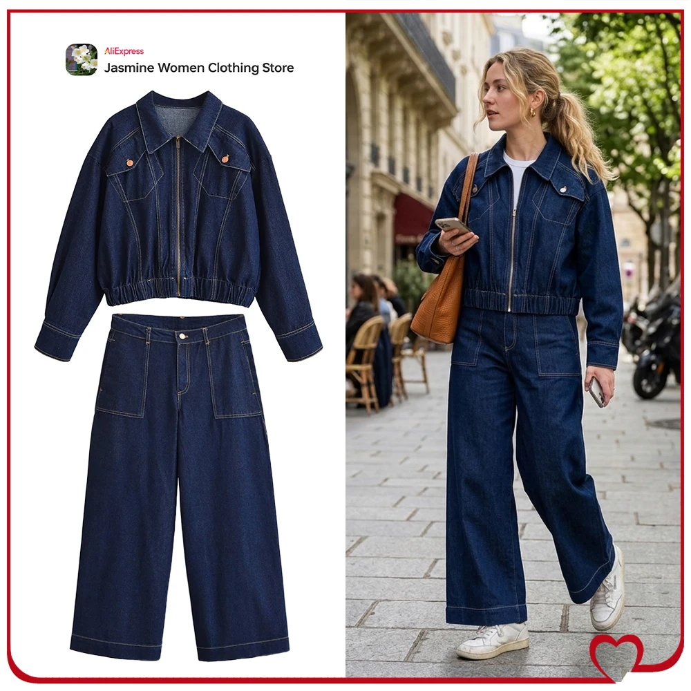 

Stylish Cowgirls Two-piece Outfits for Women Denim Pants Sets Denim Bomber Jacket and Mid-rise Wide Leg Jeans with Patch Pockets