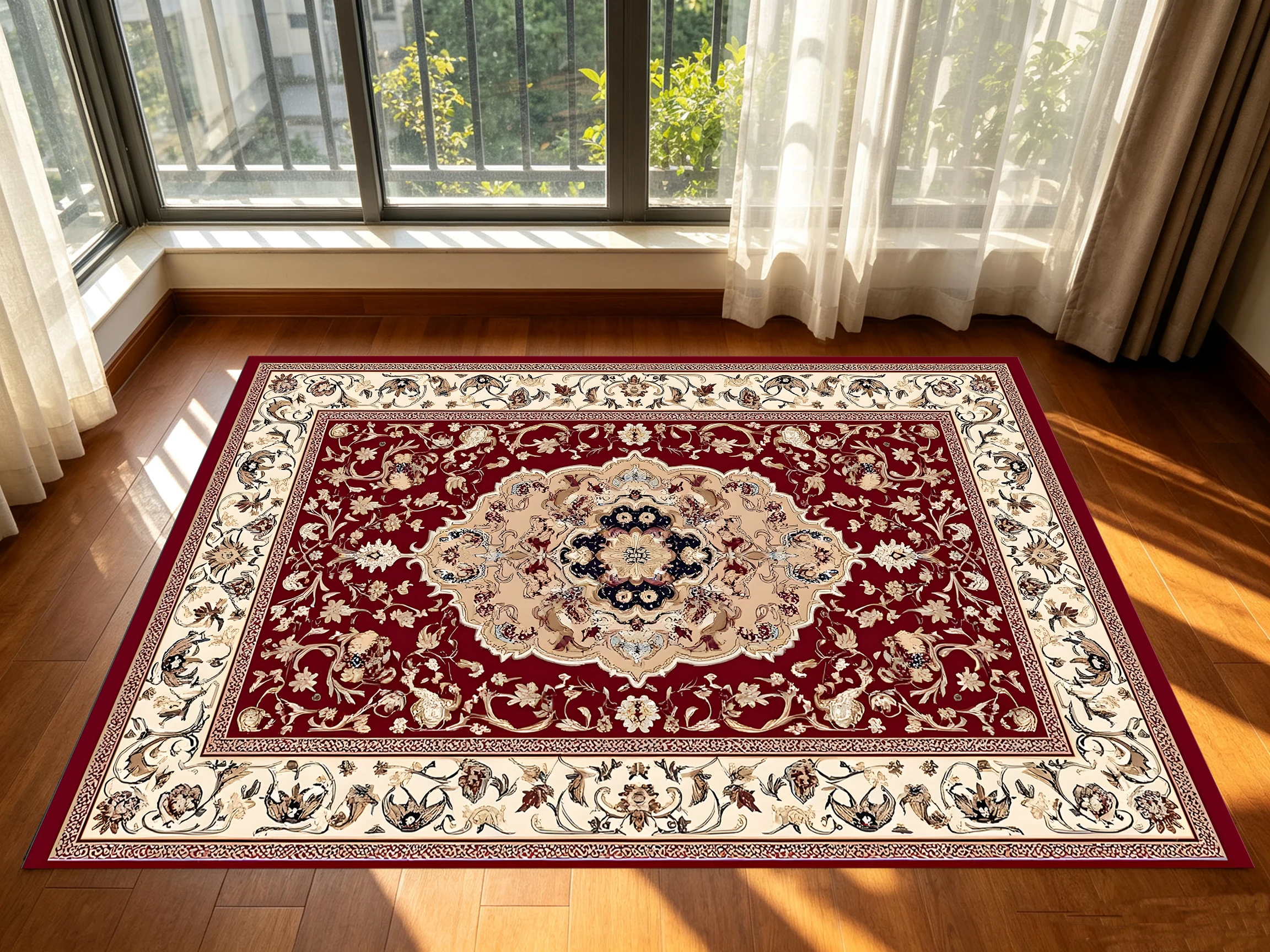 2D Burgundy Vintage Persian Pattern Rug - Soft & Comfortable Suitable for Living Rooms & Bedrooms, Enhances Space & Ambiance