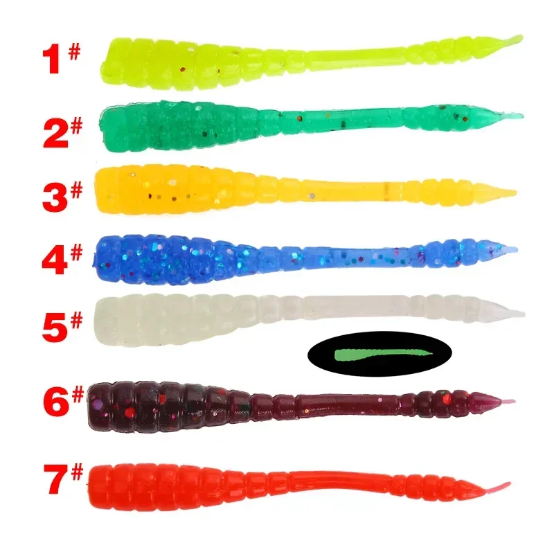 50 Pcs Earthworm Soft Bait Fishing Lure 0.4g/4.5cm Luminous Topwater Silicone Sea Fishing freshwater Bass Artificial soft Lure