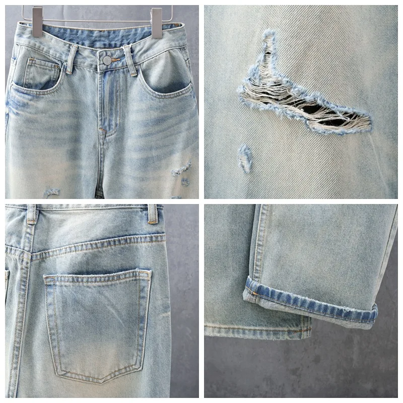 الربيع والصيف الصناعة الثقيلة الجديدة غسلها القديمة اليدوية البالية الأمريكية الرجعية فضفاضة السراويل الدنيم ثقب مستقيم للرجال