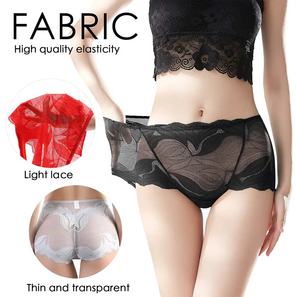 

Summer Sexy Lace Panties Mid Waist Women Transparent Silk Underwear Seamless Plus Size Briefs Abdomen Health Knickers Lingerie