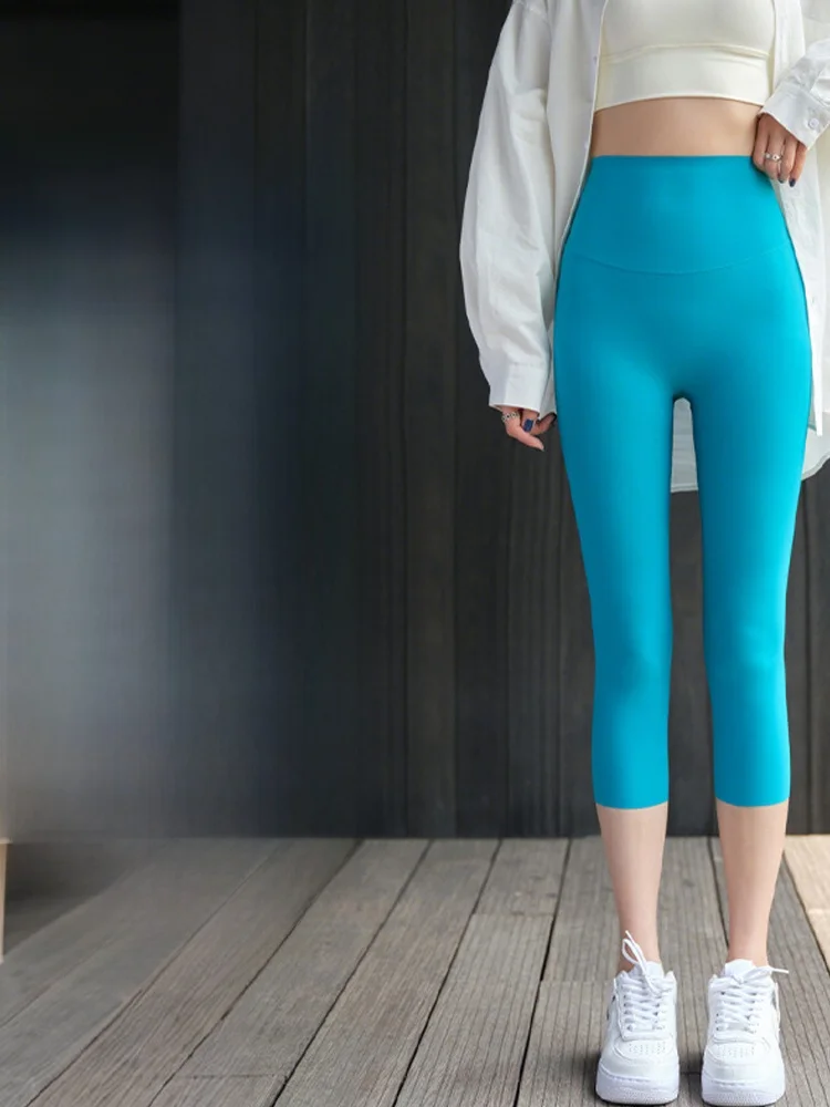 ارتفاع الخصر الحرير الجليد تابوت الجلد اليوغا السراويل رقيقة الصيف رعب البطن التحكم سبعة أرباع طول صغير الحجم البحر الأزرق