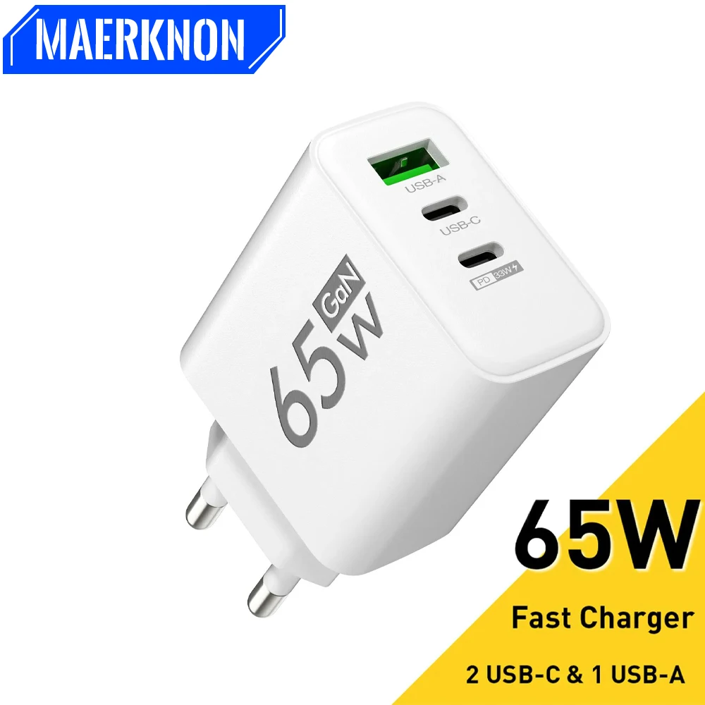 Cargador USB GaN de 65W, cargador de viaje 3,0 de carga rápida para iPhone 15, Samsung, Xiaomi, adaptador para teléfono móvil, enchufe UE y EE. UU.