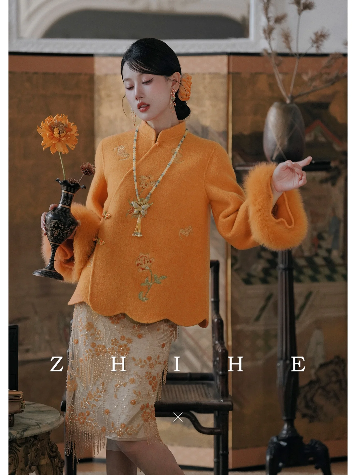 

Double-Faced Woolen Coat Skirt Set Embroidered Heavy Work Camel down Coat for Women Long Sve Stand Collar Button Closure