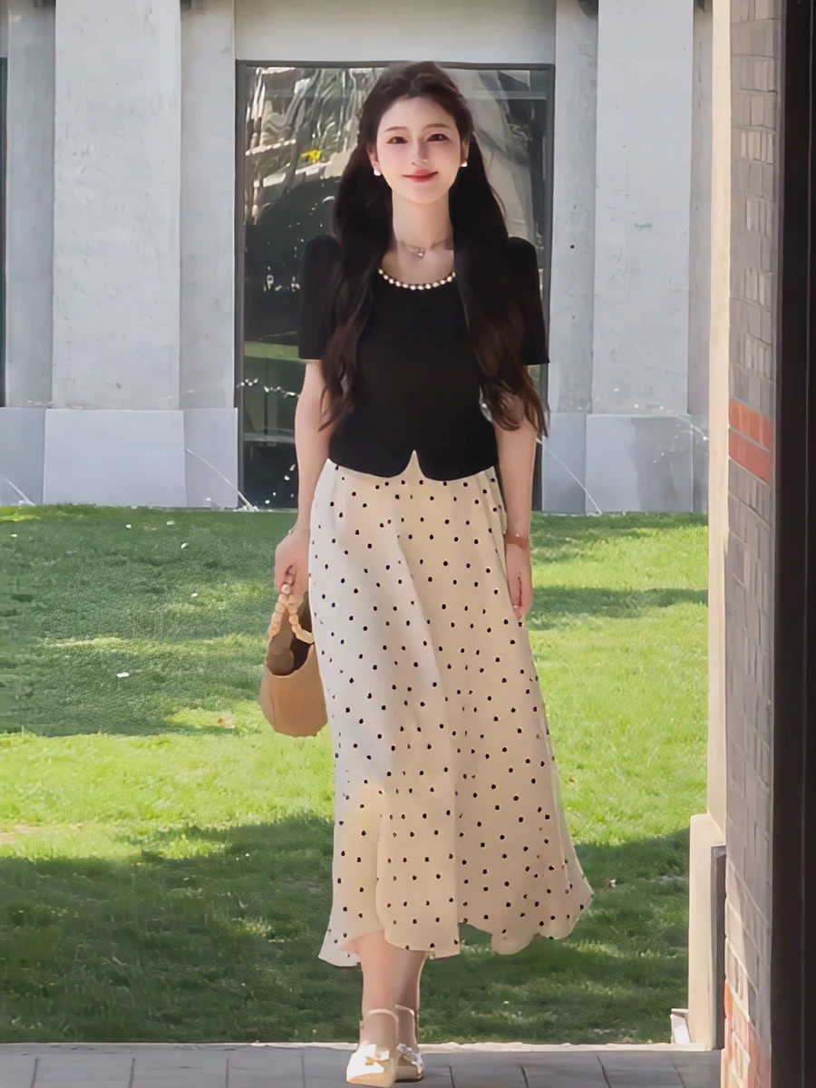 

Summer Beautiful Splice Dr Women's Summer 2025 New Sle Trendy Unique Beads Polka Dot Long Dr Faionable Set