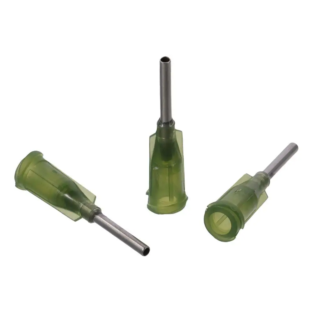 Luer Lock-agujas dispensadoras de plástico verde, punta roma 14 Ga, punta de aguja atornillada