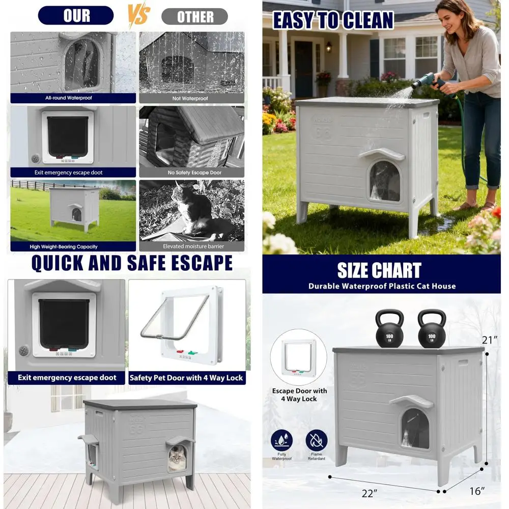 

Водонепроницаемый ферменный укрытие для кошек в помещении и на открытом воздухе с аварийной дверью, простая сборка, серый