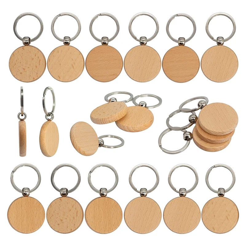 50 Piece Wood Carved Blank Wood Blank Keychains (Round)