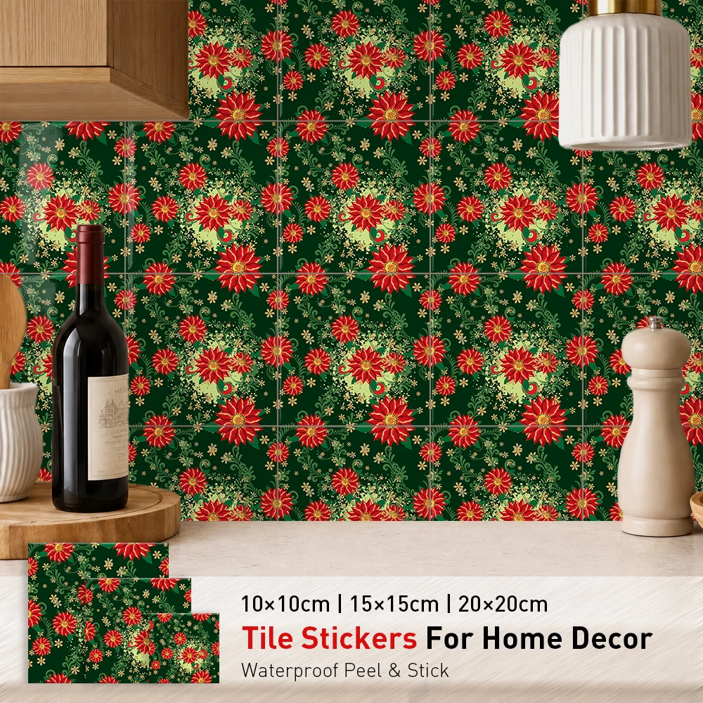 Holly Petals Tile Stickers Waterproof Peel and Stick Self Adhesive Oil Proof Backsplash Decals Floral Wallpaper for Winter Lodge