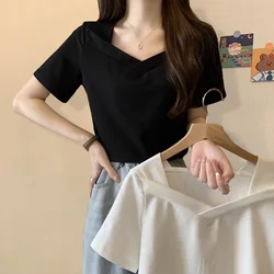 V-neck Loose Casual T-shirt Women Slim Kpop Y2K Tee Shirt Femme Sexy Vintage Summer Tshirts Woman Black Casual Clothes Tops