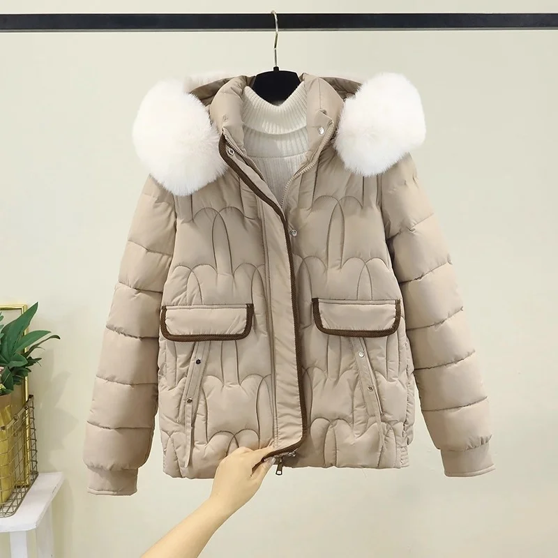 Roze dons katoenen jas voor dames winter 2025, trendy nieuwe losse en dikke korte stijl kapmantel parka warme bovenkleding w1808