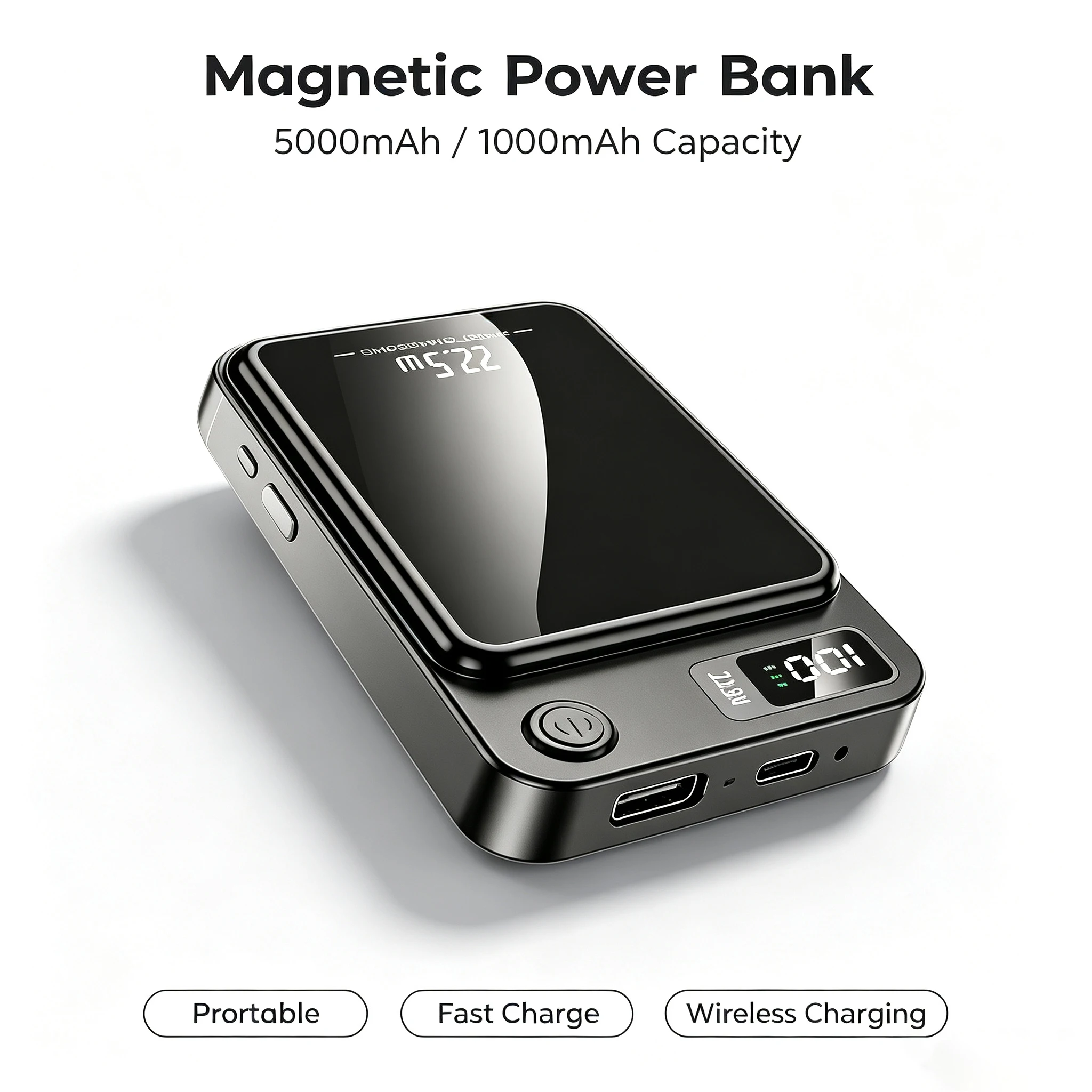 Power bank wireless da 10000 mAh con supporto magnetico, ricarica rapida PD da 22,5 W e USB/Type-C da 20 W, caricatore portatile per iPhone/Android, display digitale a LED, ideale per viaggi e