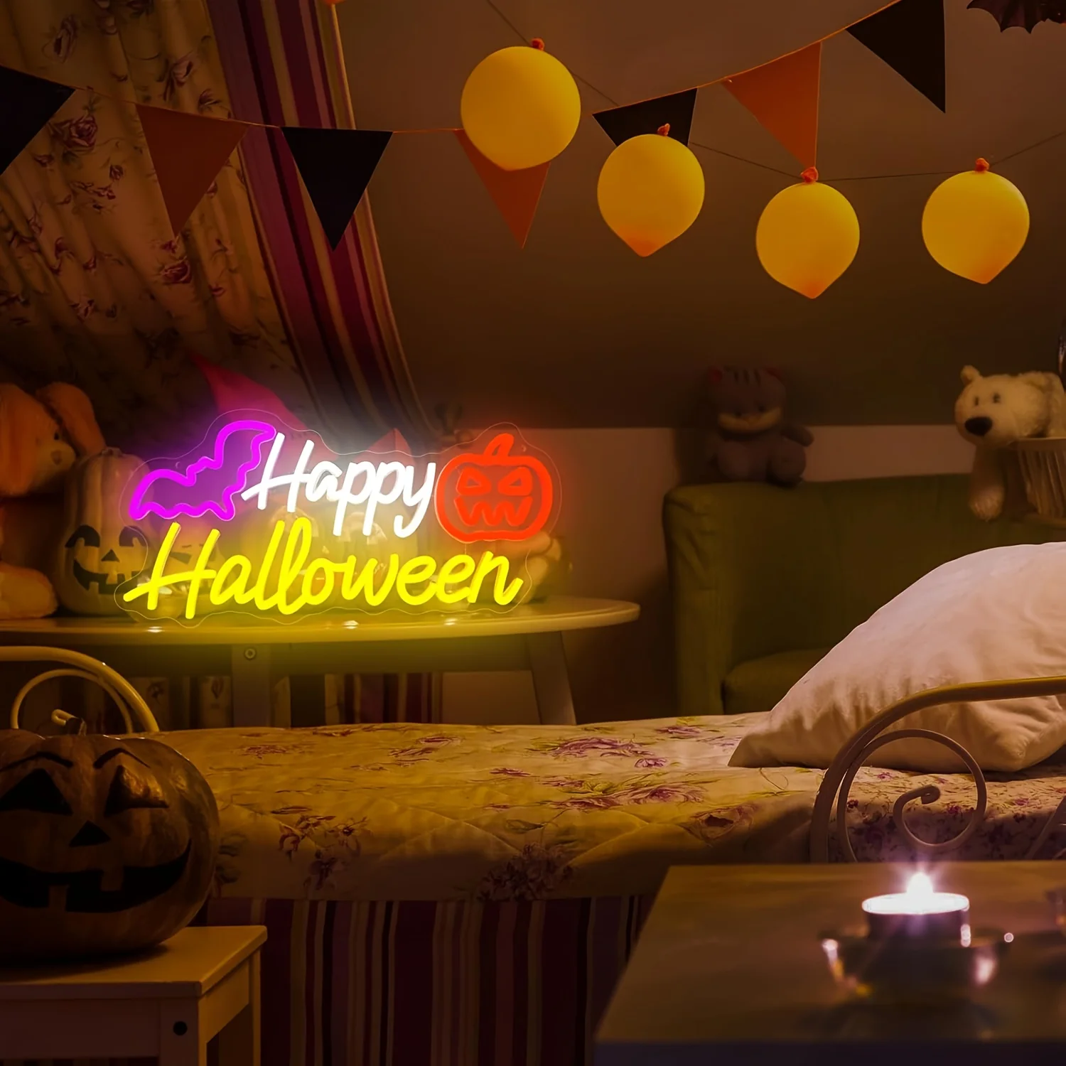 Happy Halloween Neon Sign Dimmable Neon Light USB Pumpkin Bat Decor for Party Bar Shop Window Bedroom Game Area Family Gathering