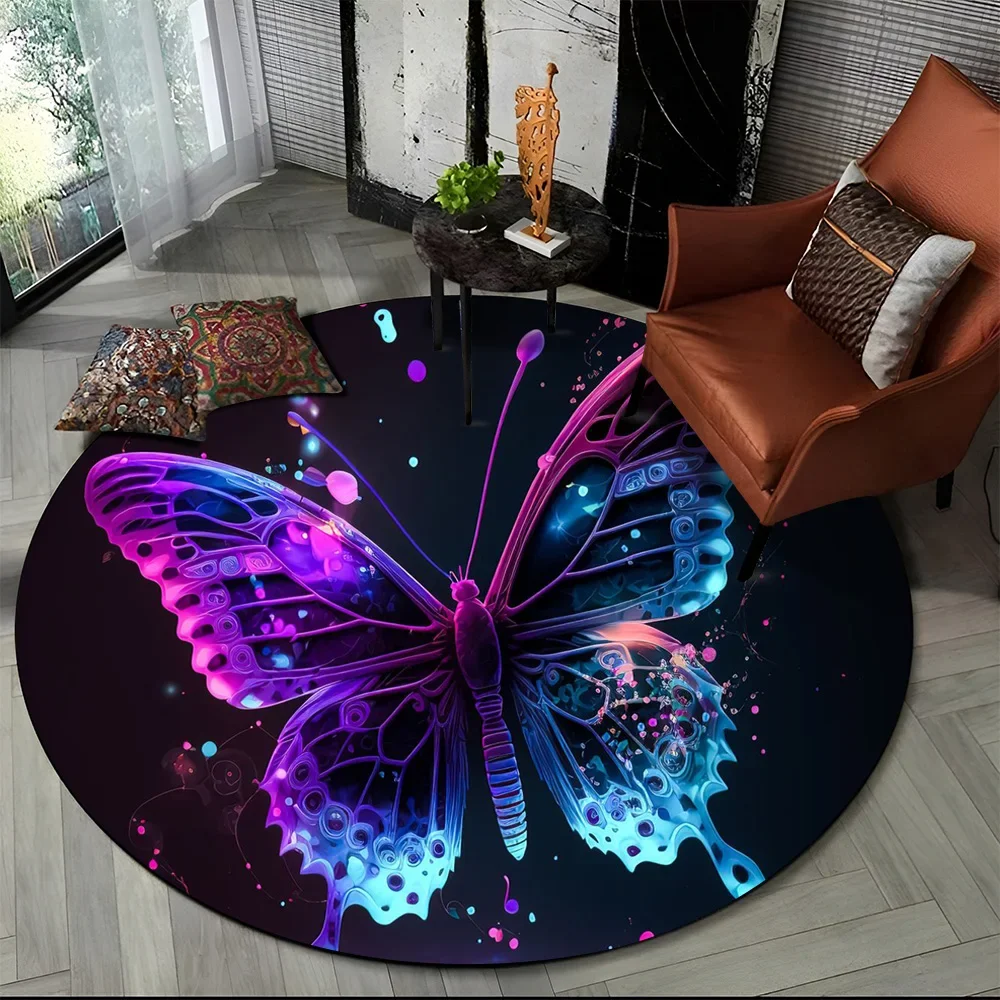 Fantasy Butterfly Flower Cartoon Round Carpet Rug for Living Room Bedroom Child Playroom Decor,Pet Area Rug Non-slip Floor Mat