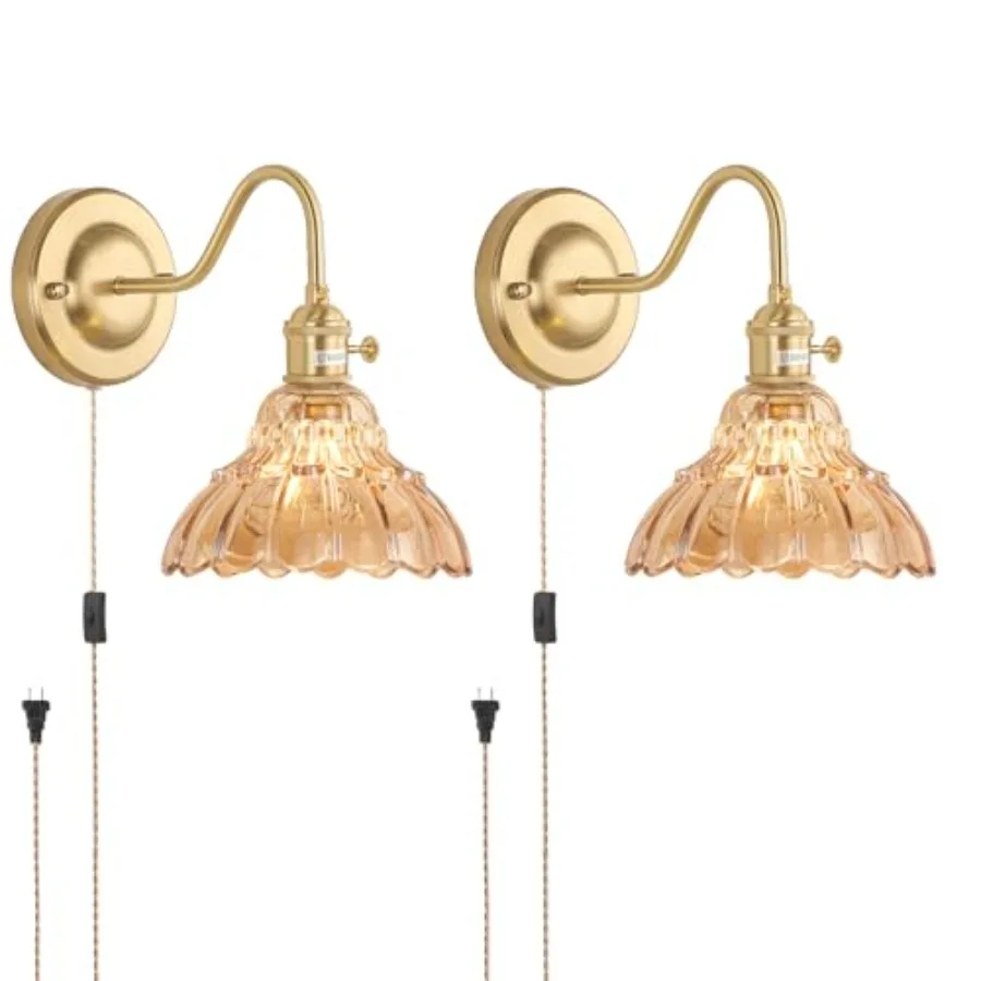 

Plug in Wall Sconce Set of 2, Gold Vintage Wall Decor Lights with Glass Shade, Indoor Brass Corded Wall Lamp Fixture for Bedroo