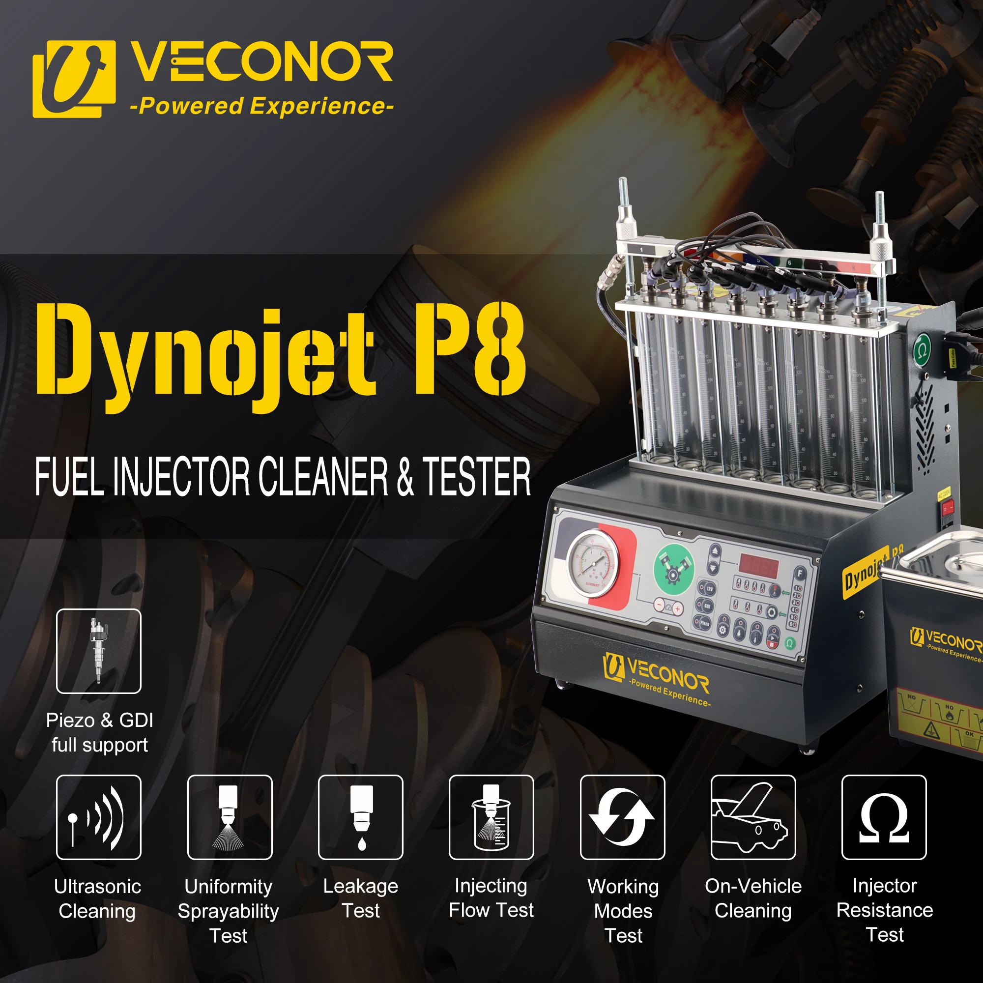 VECONOR 8-Cylinder GDI Piezo Fuel Injector Cleaning Dector Machine