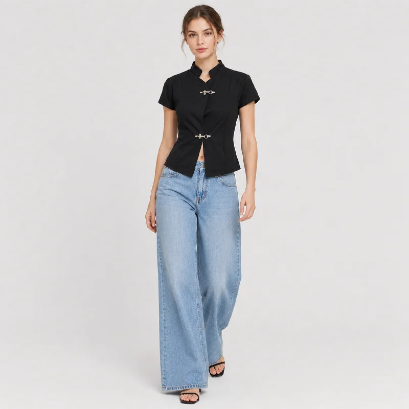 Women's Chinese Style Mandarin Collar T Shirt Short Sleeve Slim Fit Button Front Top Vintage Oriental Blouse Casual Fashion