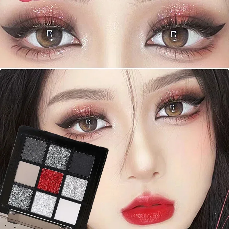 Schwarz, Rot, Punk, geräuchert, 9-Farben-Lidschatten, Perle, kalte dunkle Farbe, Make-up-Lidschatten-Palette, langlebiger, wasserfester Glitzer-Lidschatten