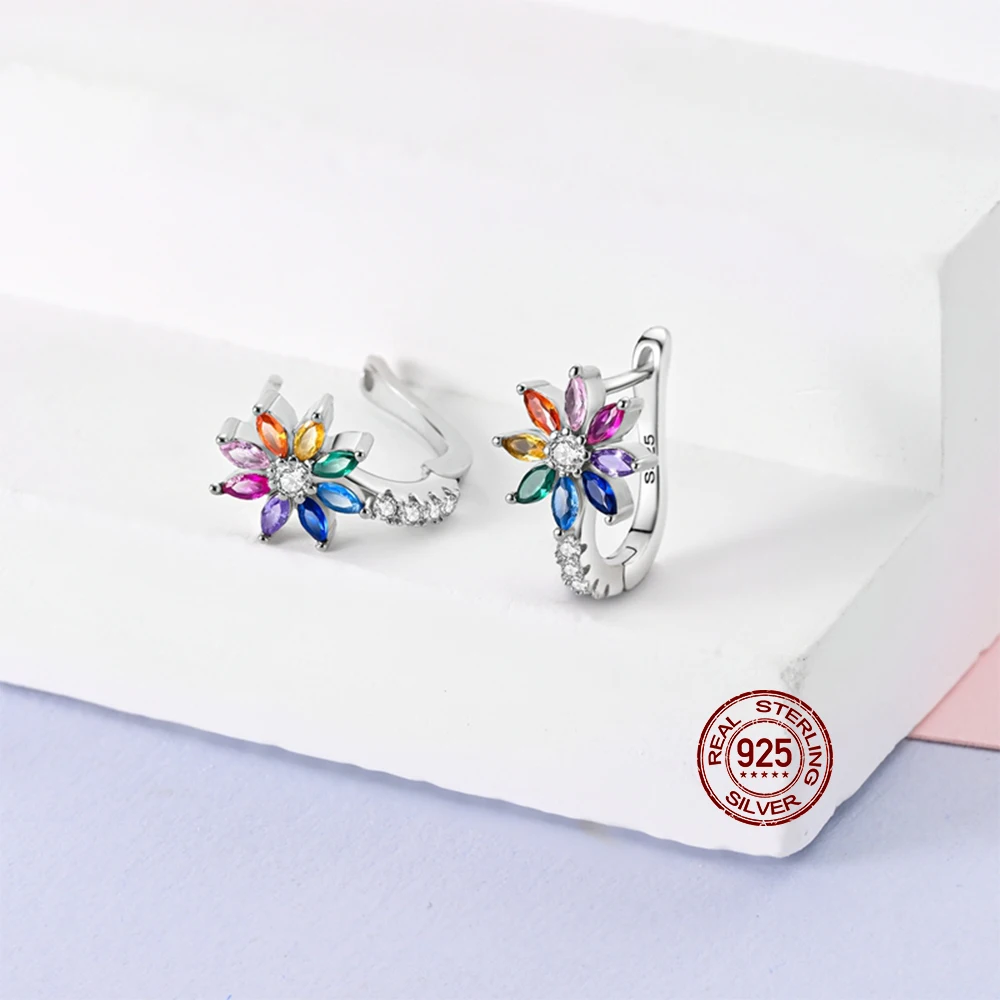 New Hoop 925 Silver Hope Rainbow Flower French Ear Buckle Earrings Jewelry Gift For Women Girl Party Engagement