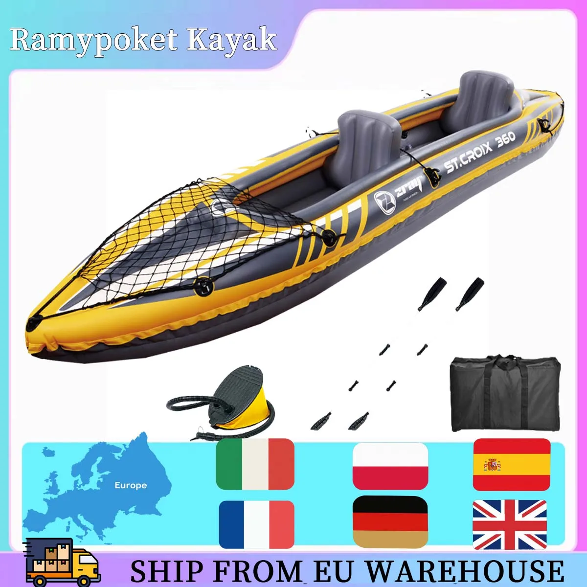 Ramypoket Kayak Gonflable 2 Places,PVC Renforcé,Équipé de 2 Hélices en Aluminium, d'un kit de réparation et d'un sac de rangement.350×78×52cm，Max180KG