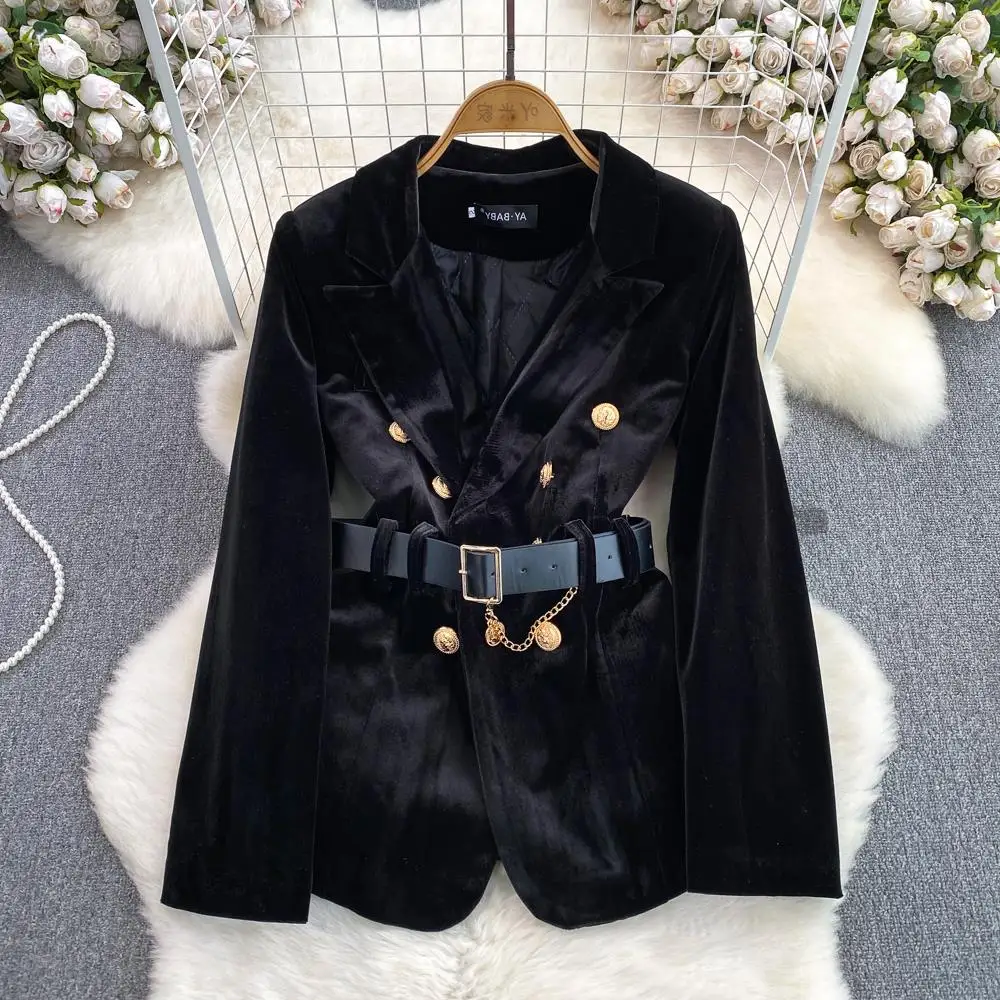 

Ele Бархатный костюм Jaet, женский приталенный костюм средней длины с поясом, золотой, синий, для поездок на работу, длинная свековая однотонная верхняя одежда