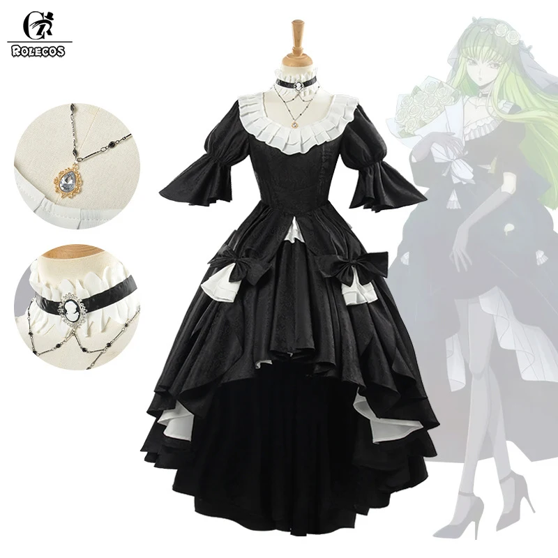 

ROLECOS Code Geass C.C. Cosplay Costume Lelouch Lamperouge Black Lolita Dress Women Glove Uniform Glove Outfit Halloween Party