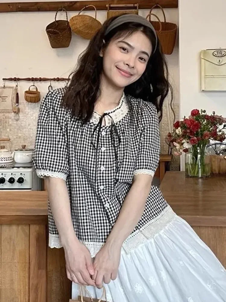 Zoki Sweet Vintage Women Plaid Blouse Casual Preppy Style Lace Patchwork Loose Shirt Cute Retro Female Short Sleeve Lace Up Tops