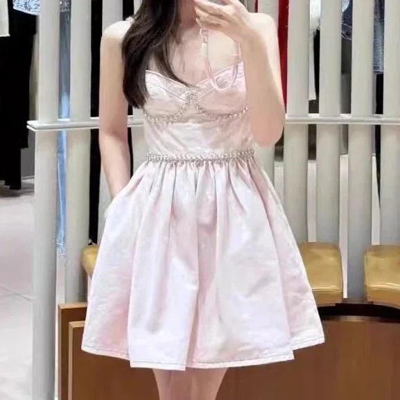 

2024 summer women pink suspender dress sexy waist diamond fashion evening birthday party holiday dress