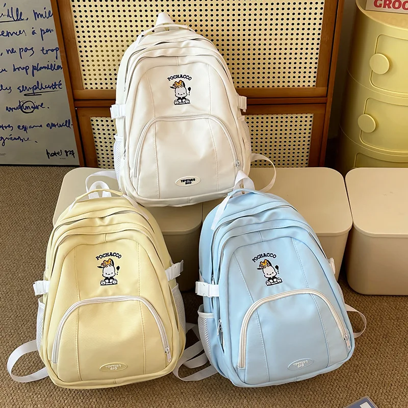 

Kawaii Pochacco Cute Simple Embroidered Schoolbag Sanrio College Style Large Capacity Backpack Plush Pendant Girls Hiking Bag