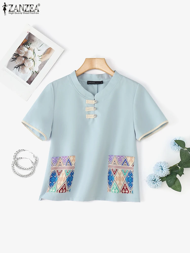 

ZANZEA 2025 повседневные свободные топы, женские блузки с короткими рукавами и принтом, винтажные блузки с круглым вырезом, пуловер на пуговицах большого размера
