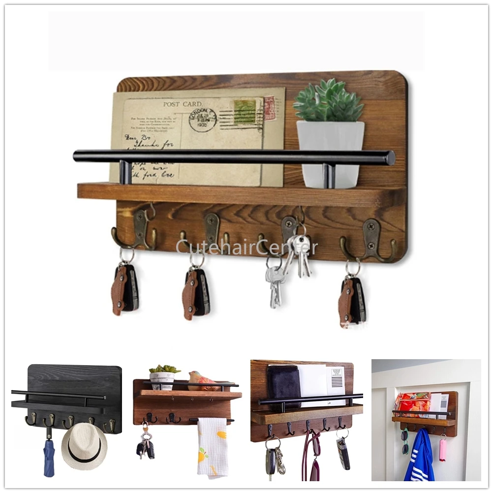 1pc Mail & Keys Holder Rack Wall/Door Hanger Wood Shelf Storage Sundries Coat Hat Organizer Retro Decor Entryway Kitchen Garage