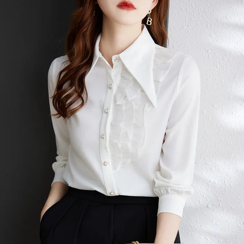 Khaki Long Sleeve Shirt Women Autumn New High End Fashion Temperament Formal Chiffon Blouses Office Ladies Work Tops White