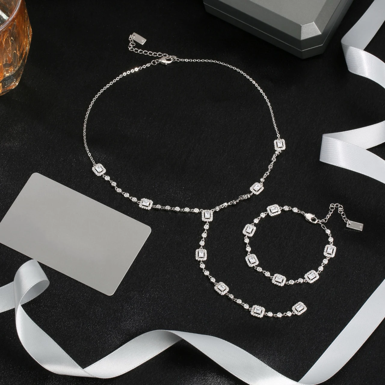 

Pure 925 Sterling Silver Jewelry For Women Bohemia Wedding Jewelry Set High Quality Bracelet Necklace Party Ice Cube Diamond