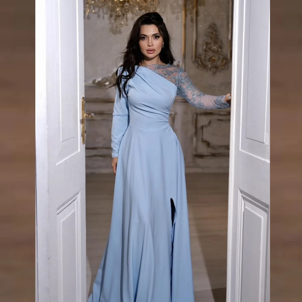 

High Quality Sparkle Exquisite Jersey Draped Pleat Applique Birthday A-line Boat Neck Bespoke Occasion Gown Long Dresses