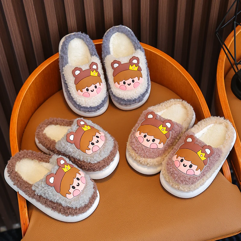 

Winter Warm Cotton Slippers for Little Girls, Cute Bear Pattern Anti-Slip Home Slippers
