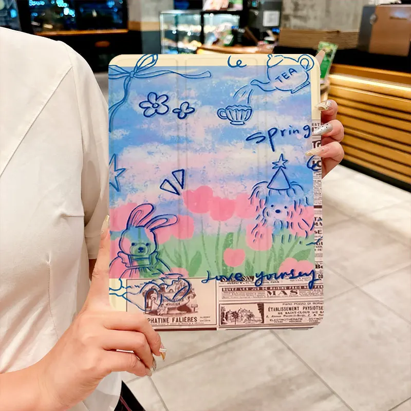 French retro illustration tri-fold Tablet CASE For iPad pro 10/11/2020/6th/7th /8th /Air 3rd/Air 4th/9th gen/Air 5th Gen 2022/Ai