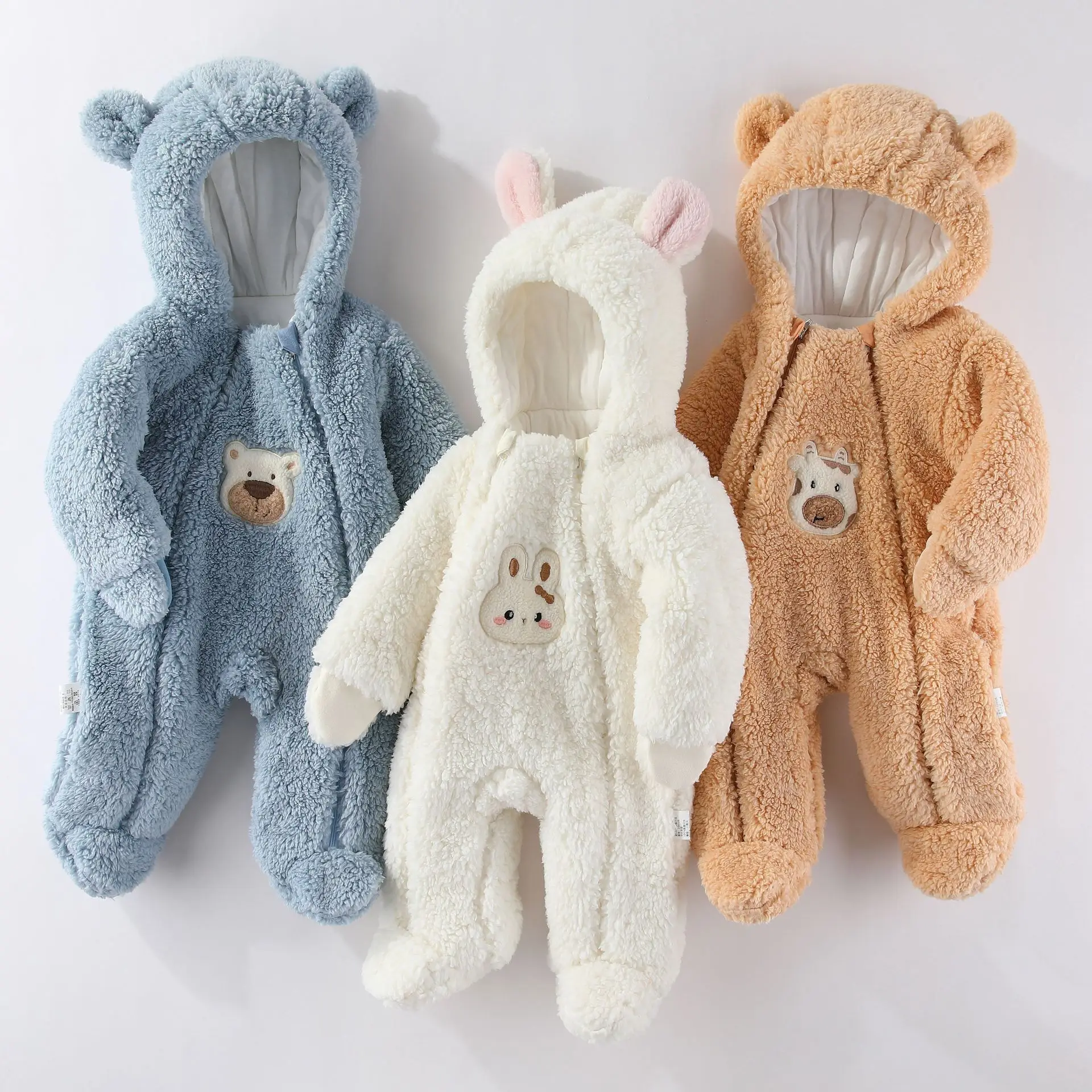 Baby Infant Fleece Hooded Footed Jumpsuit Animal Embroidery Zipper Thick Warm Winter Outerwear Long Sleeve Romper Daily Outfit