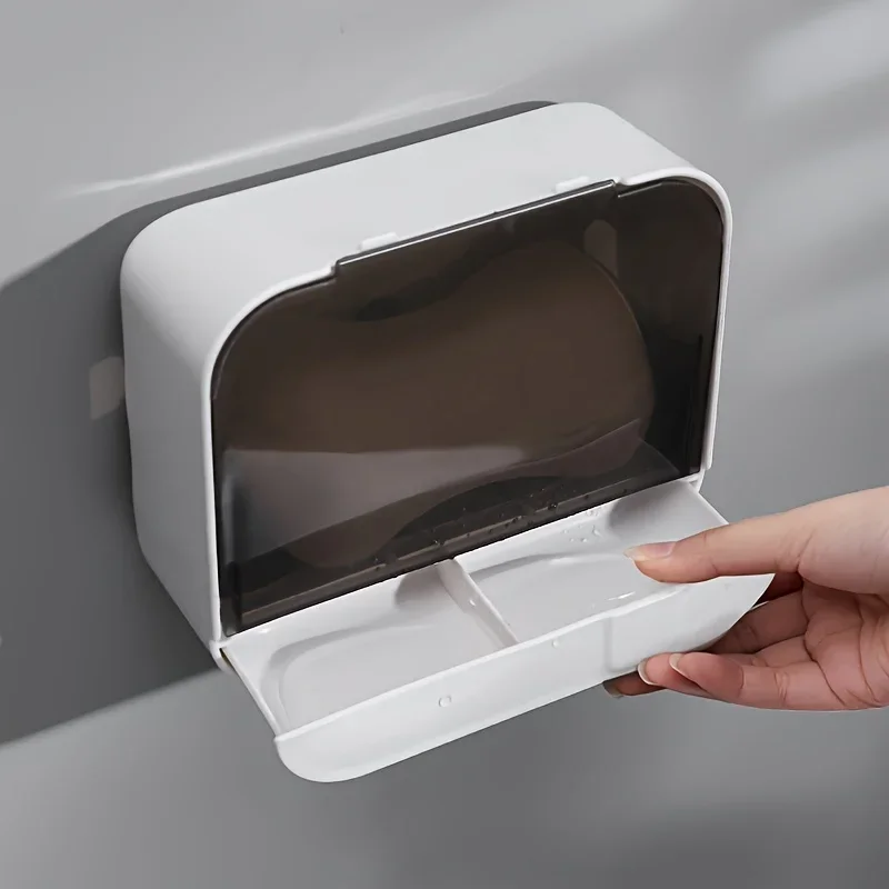 Bathroom Soap Holder Flip Lid Soap Storage Box Wall Mounted No Punch Soap Dish with Drain