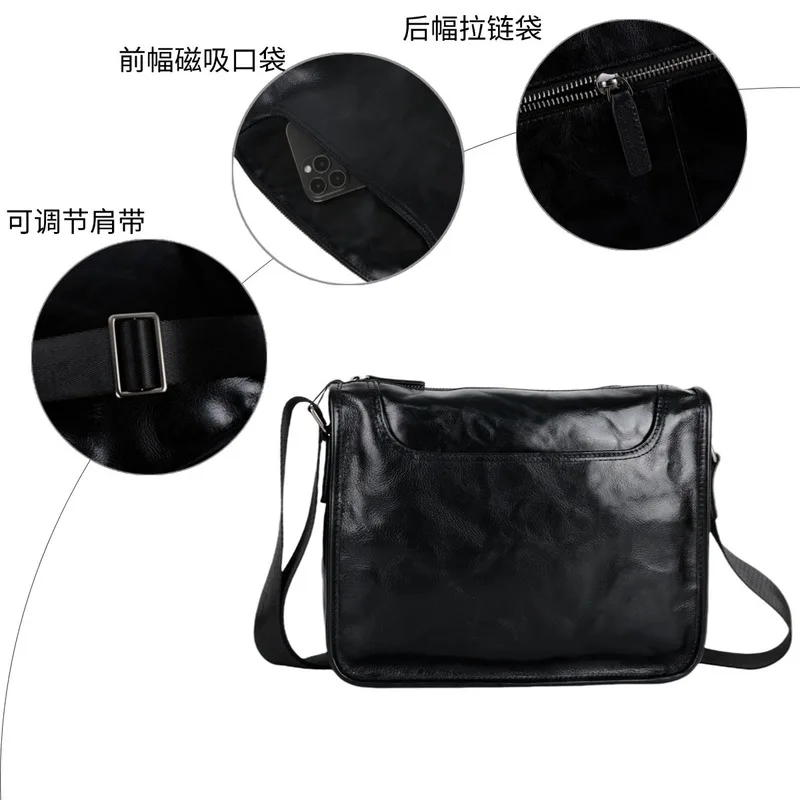 Simple and stylish crossbody bag, men's leather casual shoulder bag, men's retro portable daily clutch bag, multifunctional bag