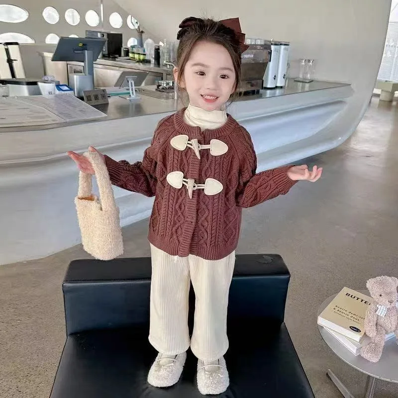 Autumn and Winter Thick Sweater children clothing 2026 New Korean Baby Girl dark brown Sweater Jacket