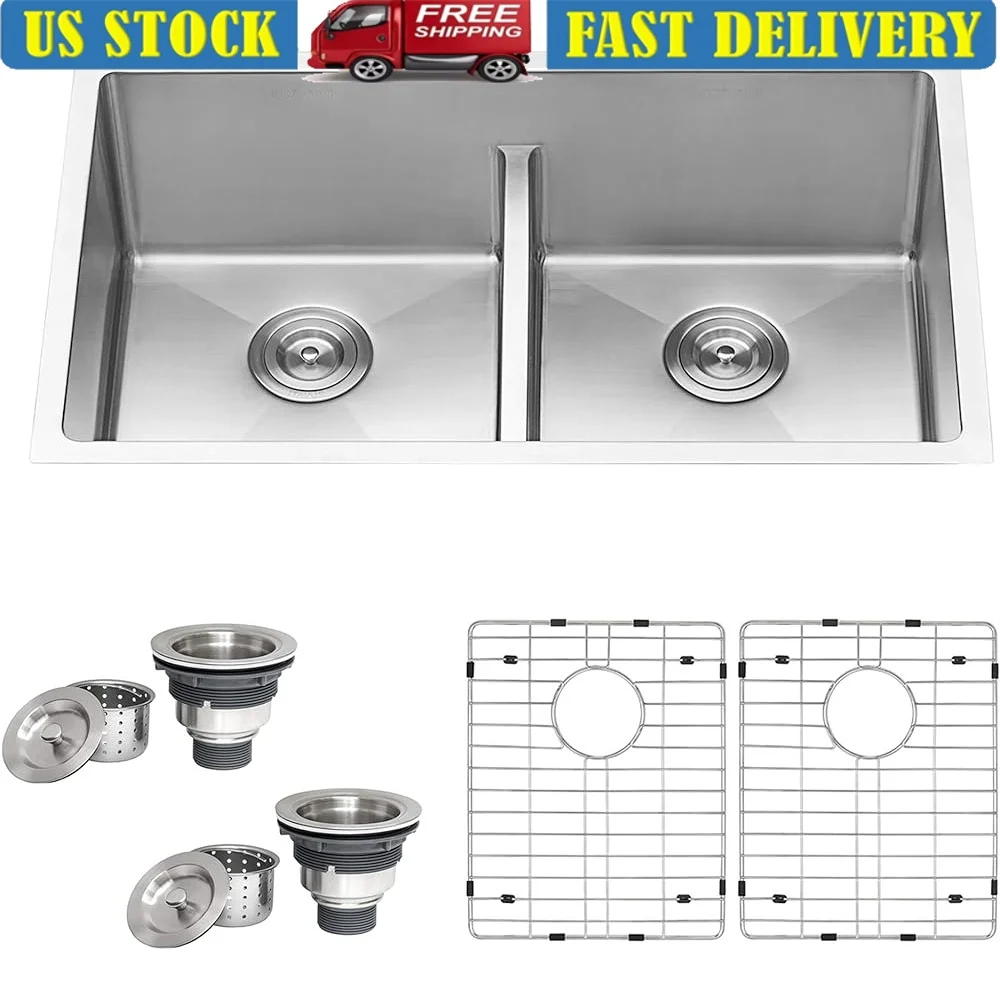 

30 Inch Undermount Stainless Steel Double Bowl Kitchen Sink Low Divide 16 Gauge RV Sink with Sound Proof Coating and Grids