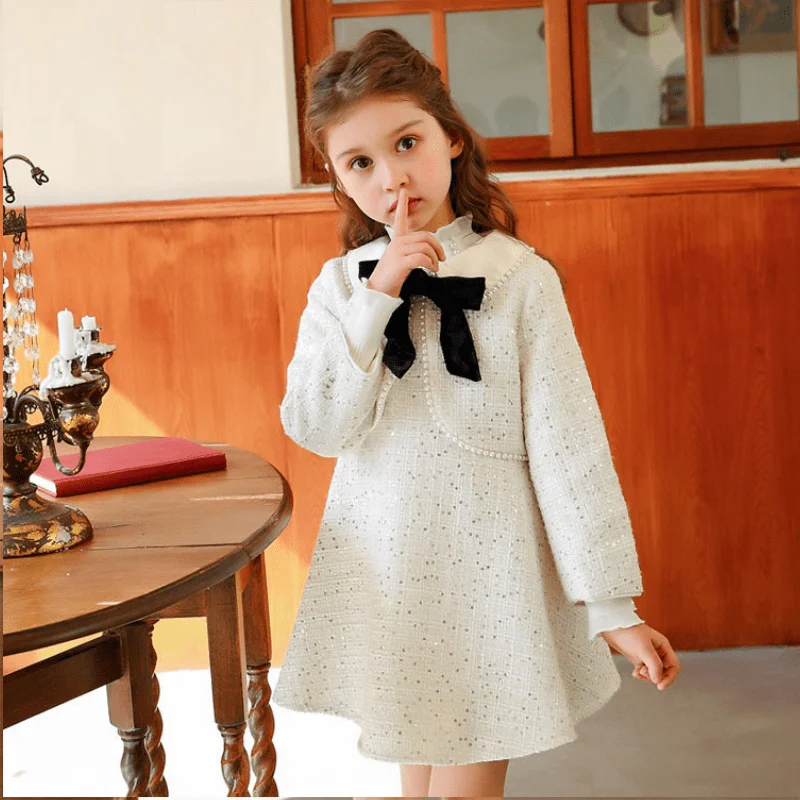 Fashion Baby Girl Princess Elegant Clothes Set Vest Dress+Outwear 2PCS Outfit Toddler Teens Child Pearl Baby Clothing Suit 3-14Y